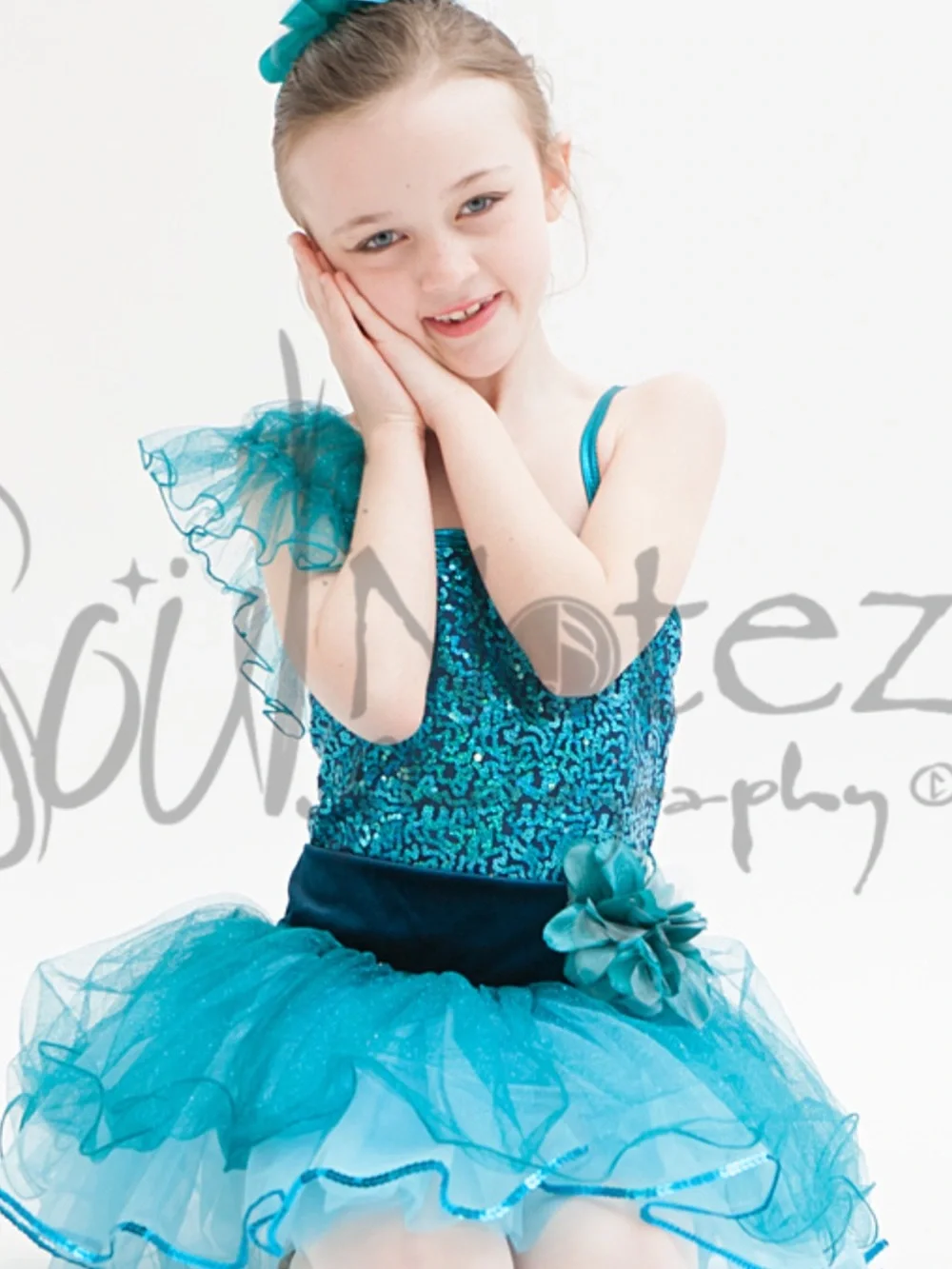 Girls Teal Sequin Tutu Dance Costume with Flower Accent